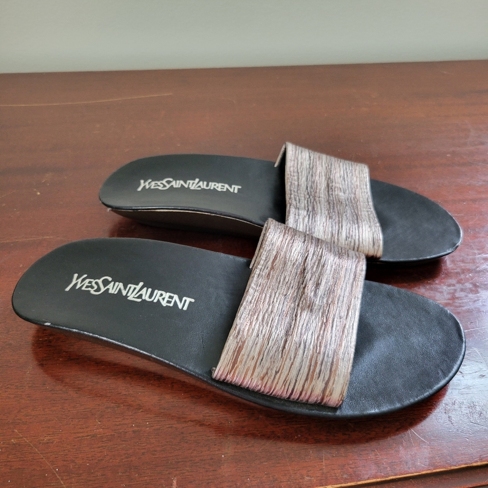 Yves Saint Laurent LSY low wedge slide on sandals neutral metallic black size 8